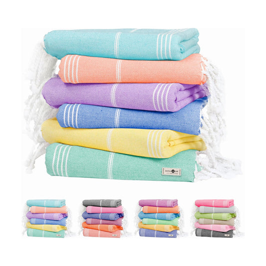 Native Fab Turkish Cotton Beach Towels Set of 6, Oversized 40x71 Inches, Thin & Lightweight, Quick Drying, Sand