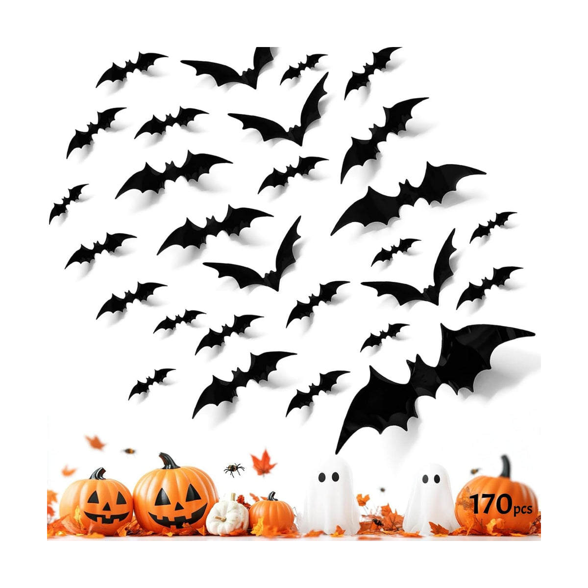 170Pcs 3D Bats Wall Decor, 6 Sizes PVC Bat Stickers Halloween Decorations