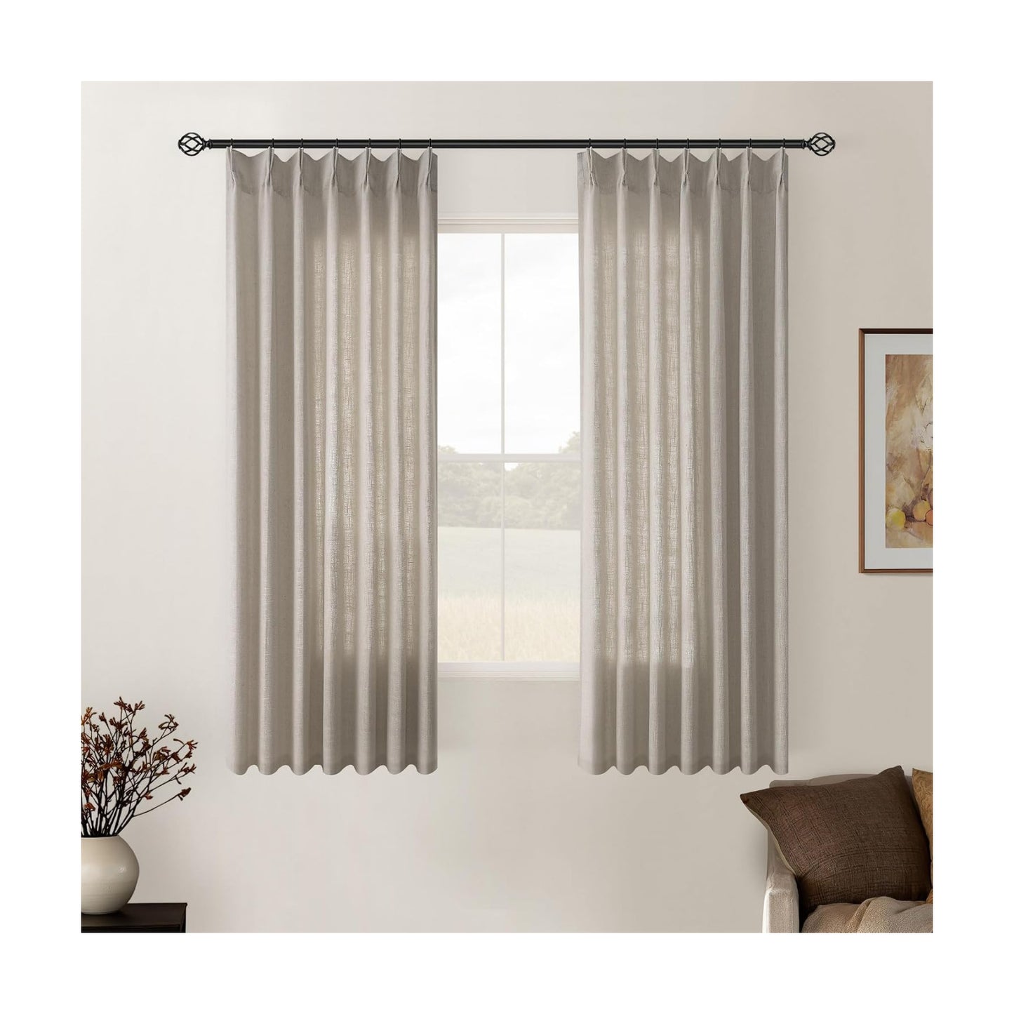 Burlywood Birch Pinch Pleated Linen Semi Sheer 54 Inch Curtains 2 Panels