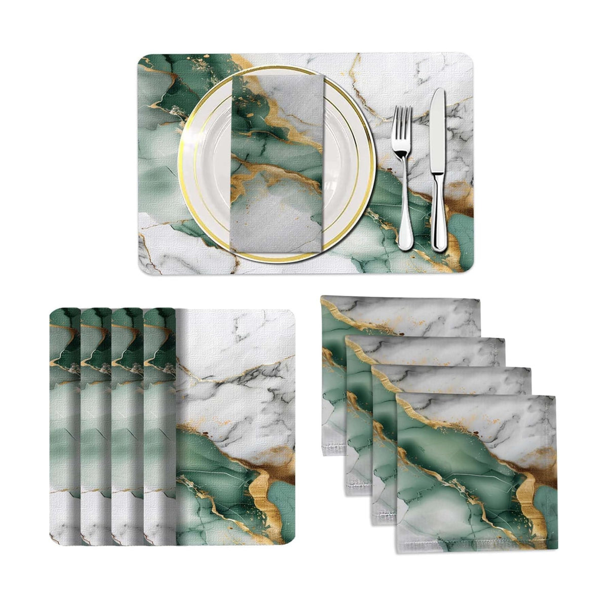 Mcalk 4 Each Green Marble Placemats and Cloth Napkins Set of 8, Modern Art Placemat, Marble Print Cloth Napkin for Home
