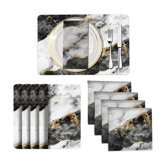 Mcalk 4 Each Black Marble Placemats and Cloth Napkins Set of 8, Modern Art Placemat, Marble Print Cloth Napkin for Home