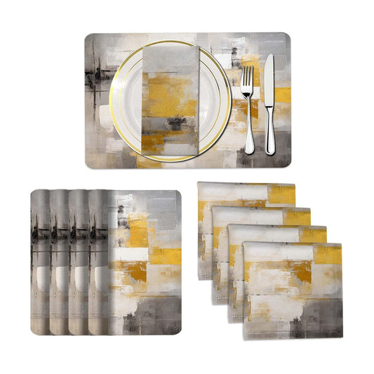 Mcalk 4 Each Yellow Placemats and Cloth Napkins Set of 8, Modern Art Placemat, Abstract Grey Cloth Napkin for Home