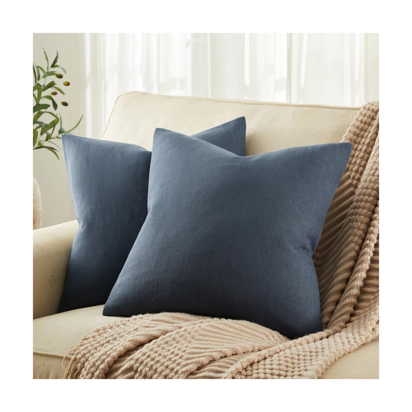 Rustic Cotton Linen Throw Pillow Covers / Navy / 20 x 20 / Set of 2