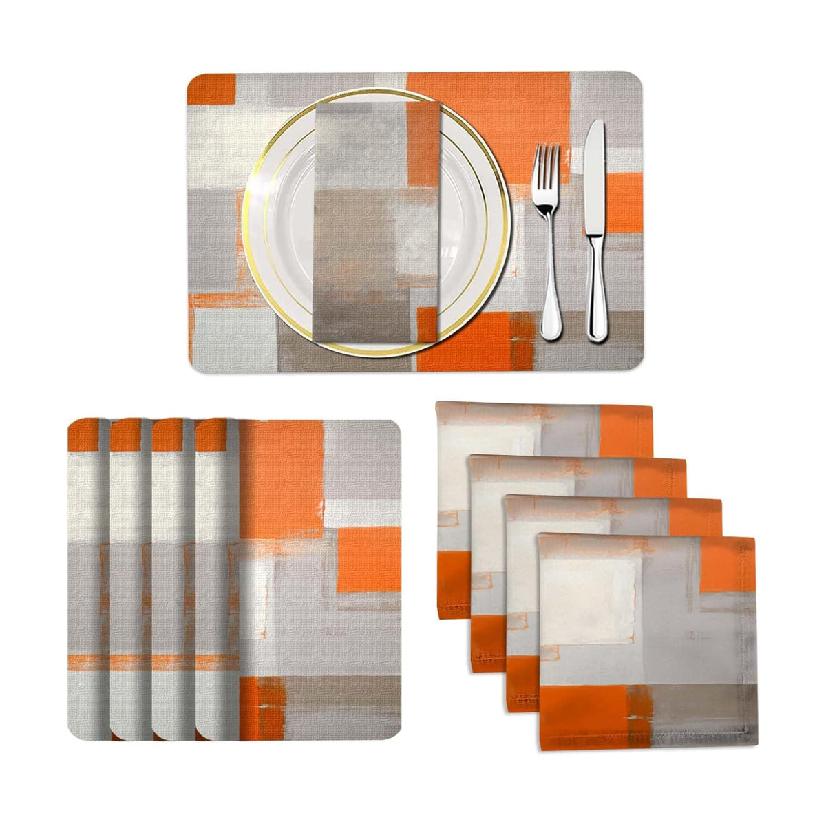 Mcalk 4 Each Orange Placemats and Cloth Napkins Set of 8, Modern Art Placemat, Abstract Brown Cloth Napkin for Home