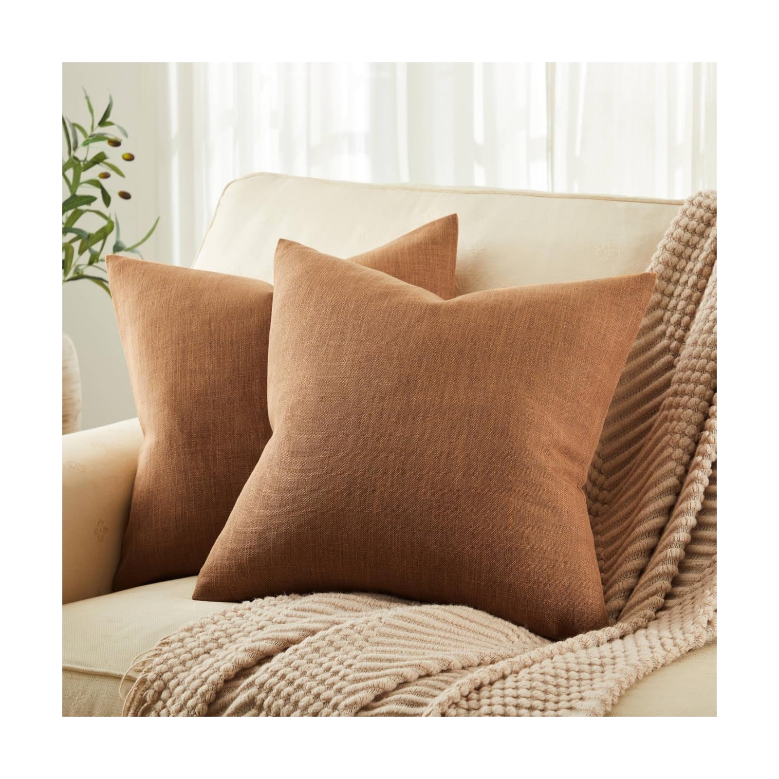 Rustic Cotton Linen Throw Pillow Covers / Caramel / 16 x 16 / Set of 2