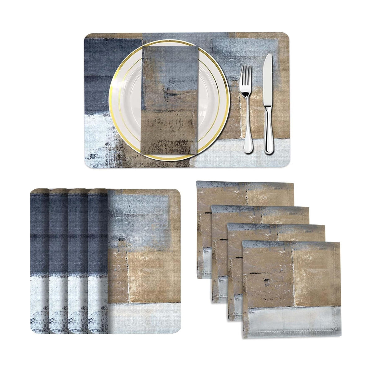 Mcalk 4 Each Brown Placemats and Cloth Napkins Set of 8, Modern Art Placemat, Abstract Dark Grey Cloth Napkin for Home
