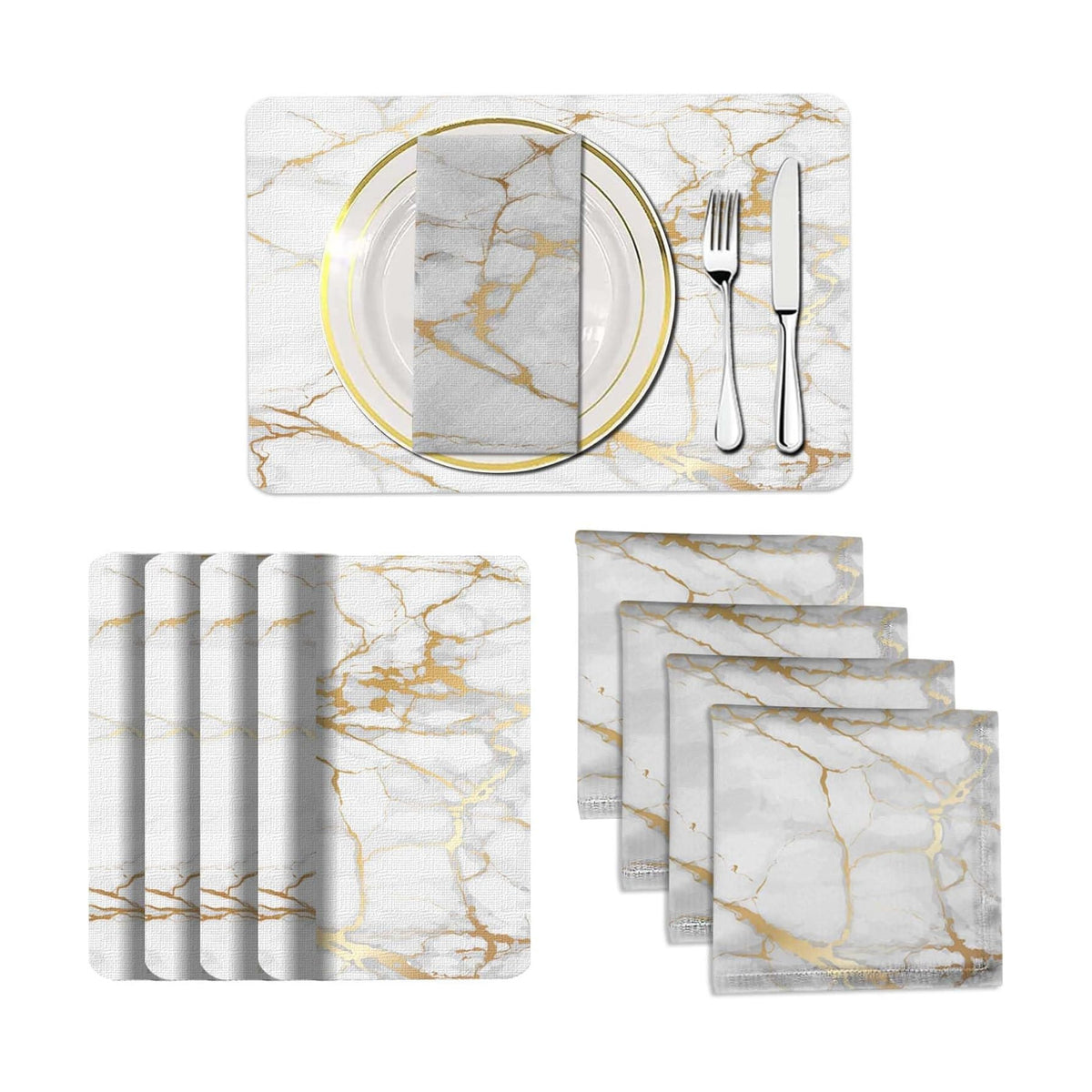 Mcalk 4 Each White Marble Placemats and Cloth Napkins Set of 8, Modern Art Placemat, Marble Print Cloth Napkin for Home