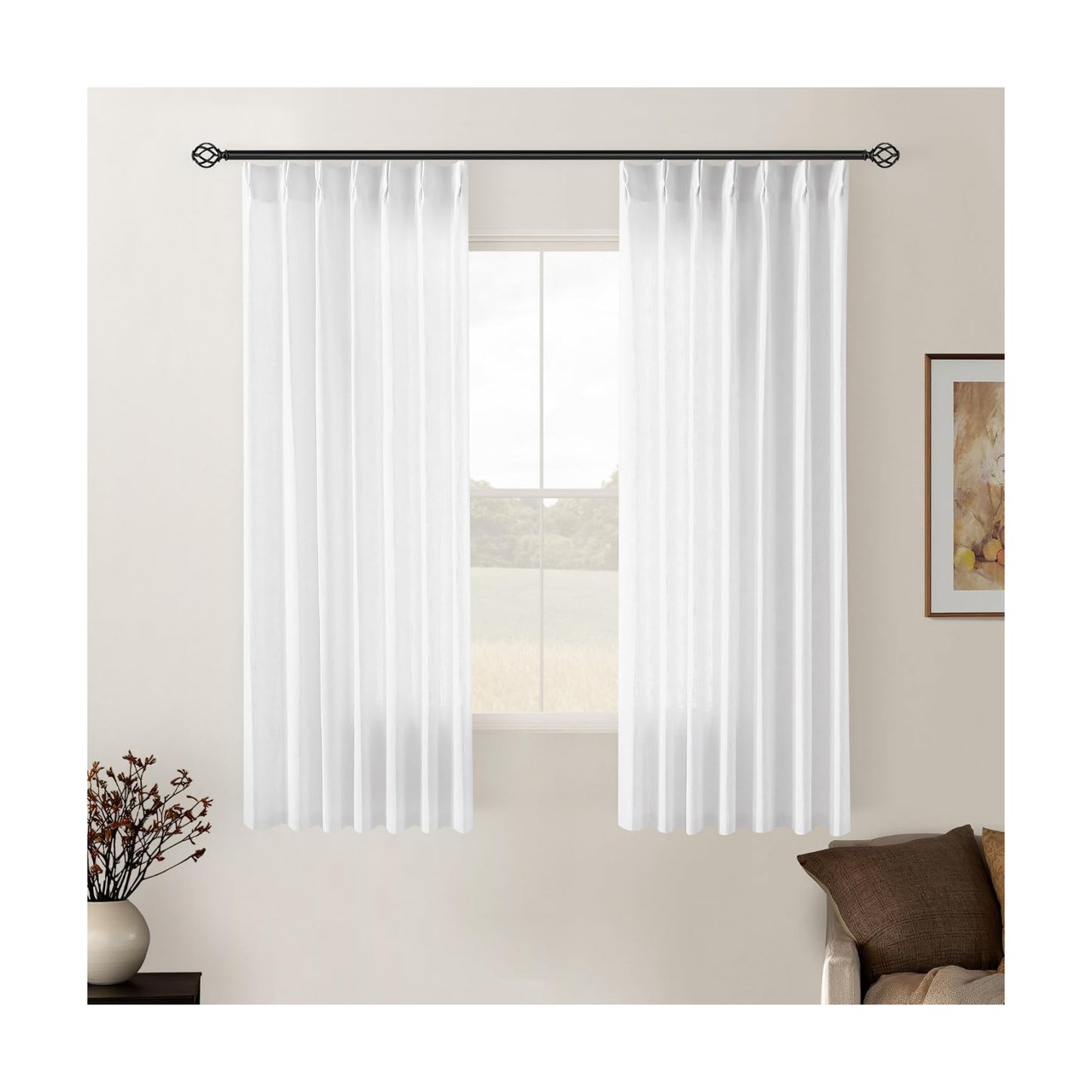 Snow White Pinch Pleated Linen Semi Sheer Curtains 54 Inch Length 2 Panels