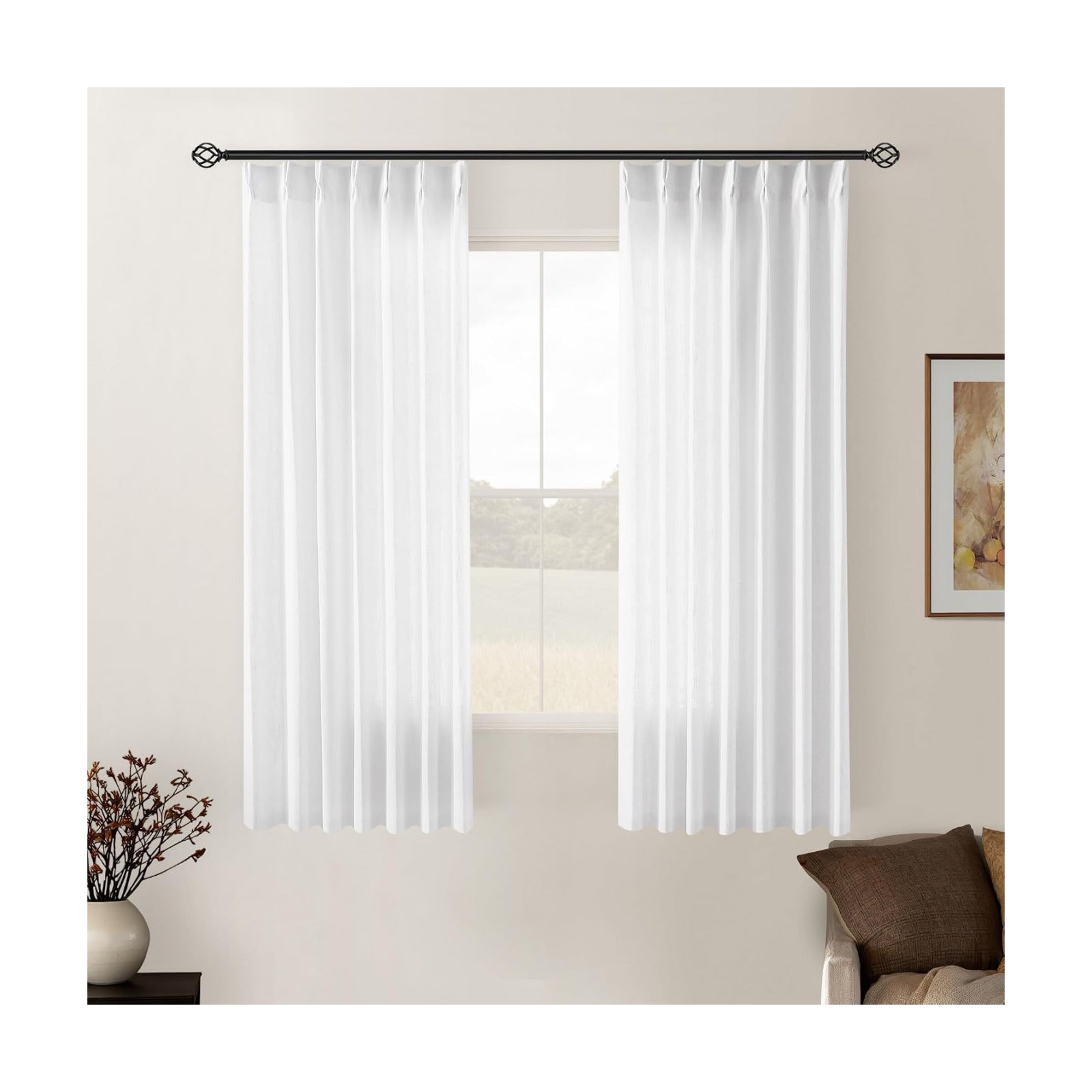 Snow White Pinch Pleated Linen Semi Sheer Curtains 54 Inch Length 2 Panels
