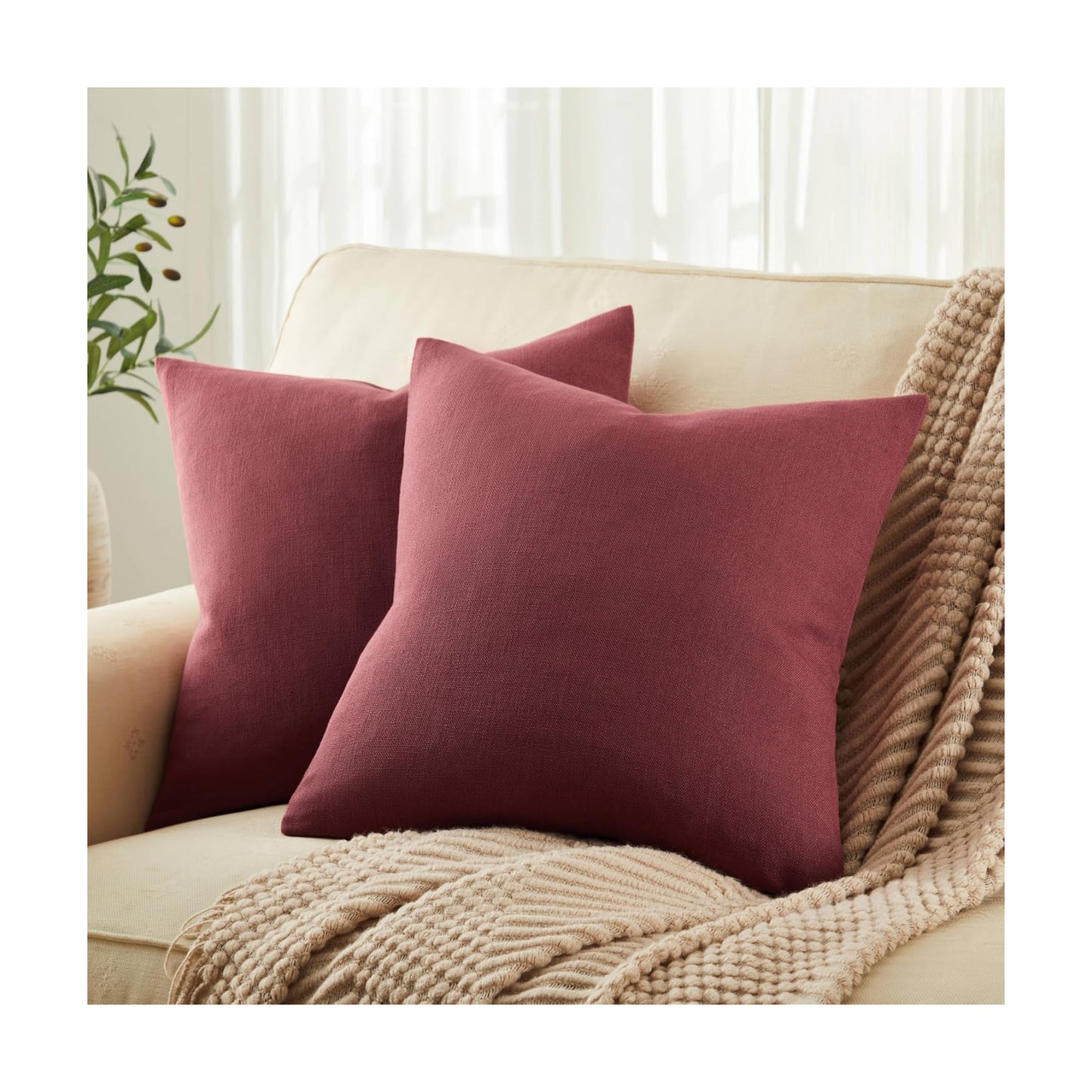Rustic Cotton Linen Throw Pillow Covers / Burgundy / 18 x 18 / Set of 2