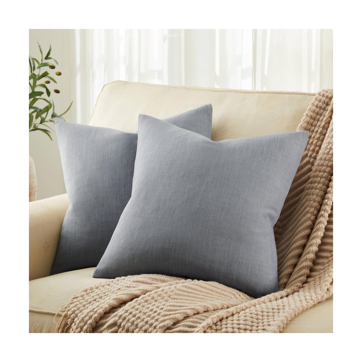Rustic Cotton Linen Throw Pillow Covers / Blue Ashes / 18 x 18 / Set of 2