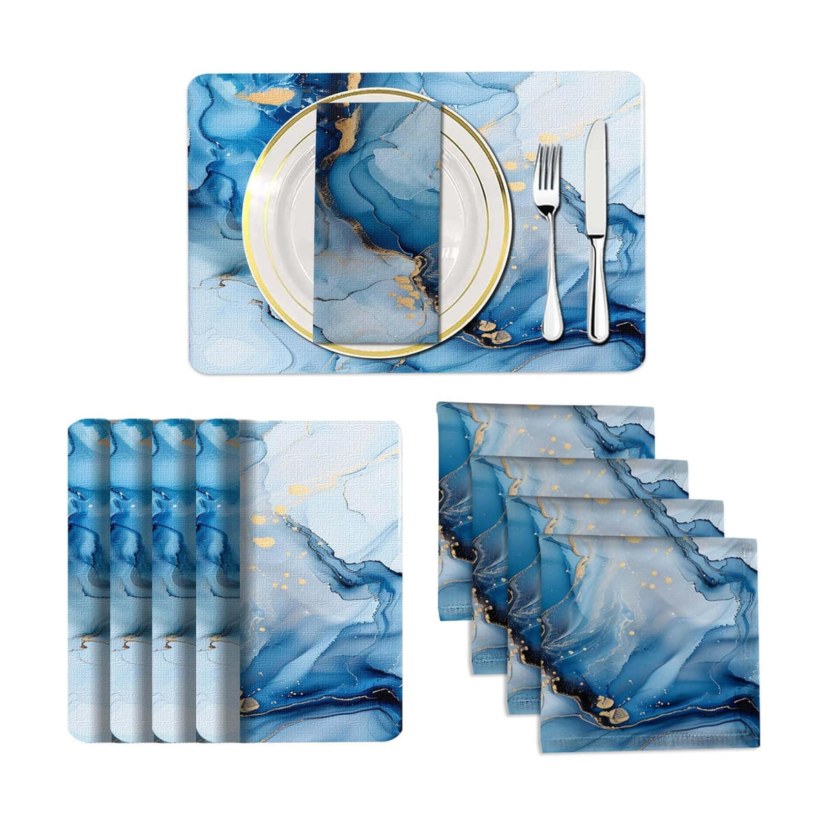 Mcalk 4 Each Blue Marble Placemats and Cloth Napkins Set of 8, Modern Art Placemat, Marble Print Cloth Napkin for Home
