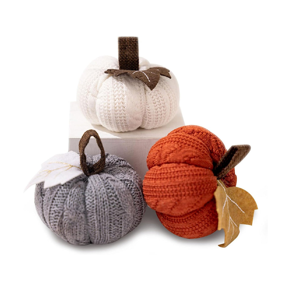 Knitted Fall Decor Pumpkins, Set of 3 Mini Rustic Tabletop Fall Ornaments
