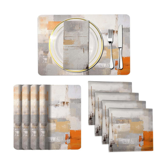 Mcalk 4 Each Orange Placemats and Cloth Napkins Set of 8, Modern Art Placemat, Abstract Grey Cloth Napkin for Home