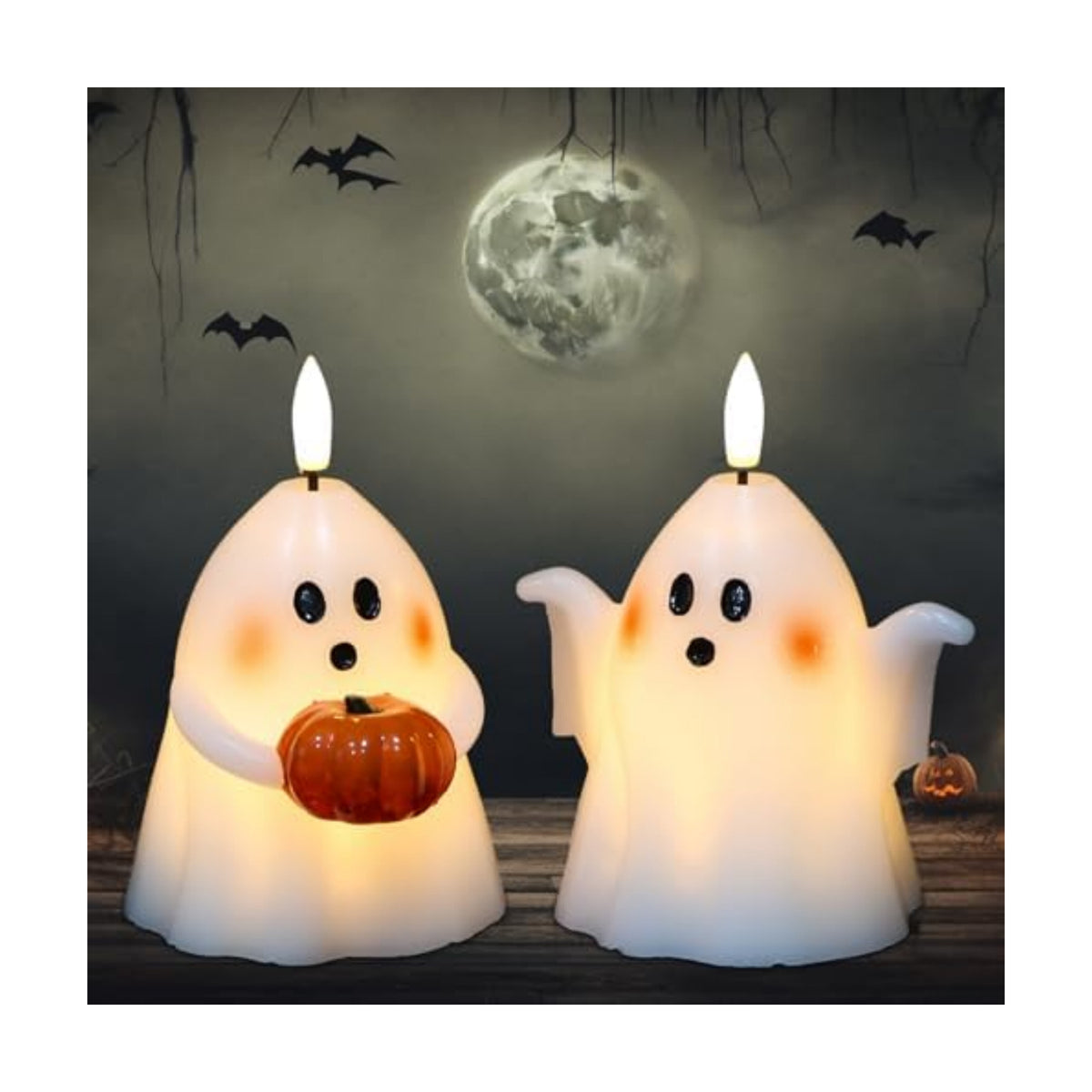 Halloween Ghost Flameless Candles with Timer Hand-Painted Pumpkin