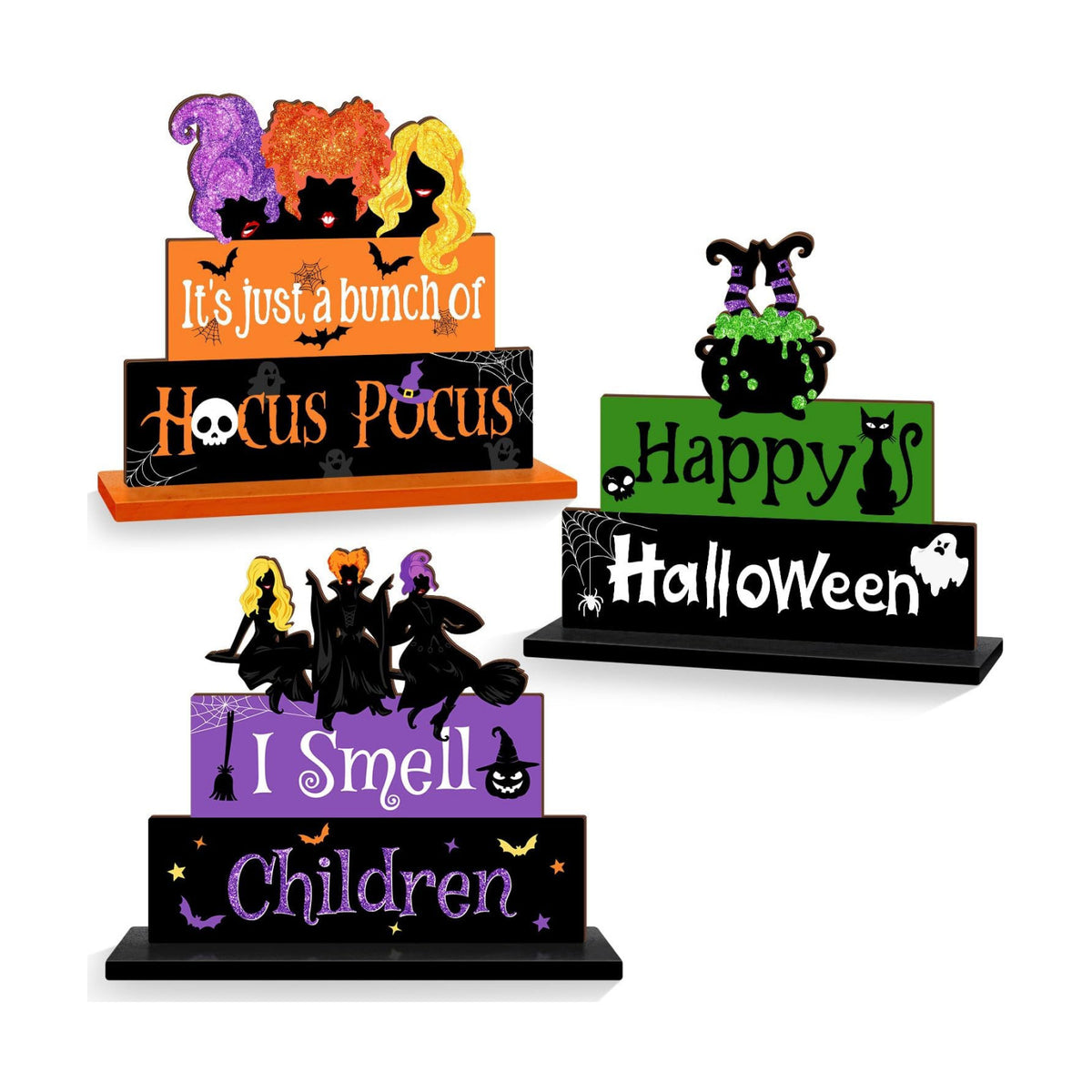 Halloween Hocus Pocus Table Signs Wooden Decor, 3PCS Witch Halloween Table Signs I Smell Children Freestanding Tabletop Decorative Signs, Spooky Tiered Tray Centerpiece Indoor Home Decorations