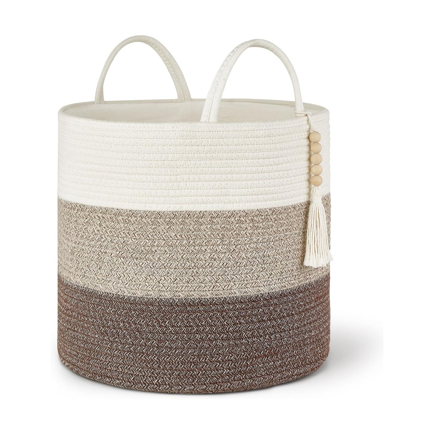 Woven Storage Basket Decorative Natural Rope Basket Wooden Bead / Gradient Brown / 16" W x 13.8"L