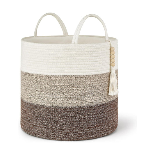 Woven Storage Basket Decorative Natural Rope Basket Wooden Bead / Gradient Brown / 16" W x 13.8"L