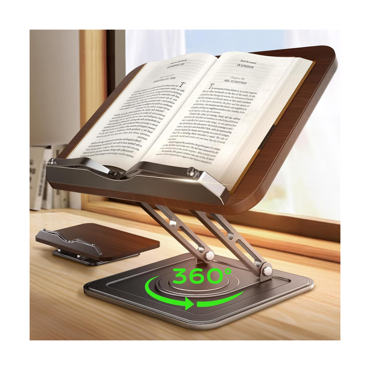 LOXP Book Stand for Reading, 360° Rotating Holder with Page Clip, Ergonomic | Adjustable height angle, Hands-free