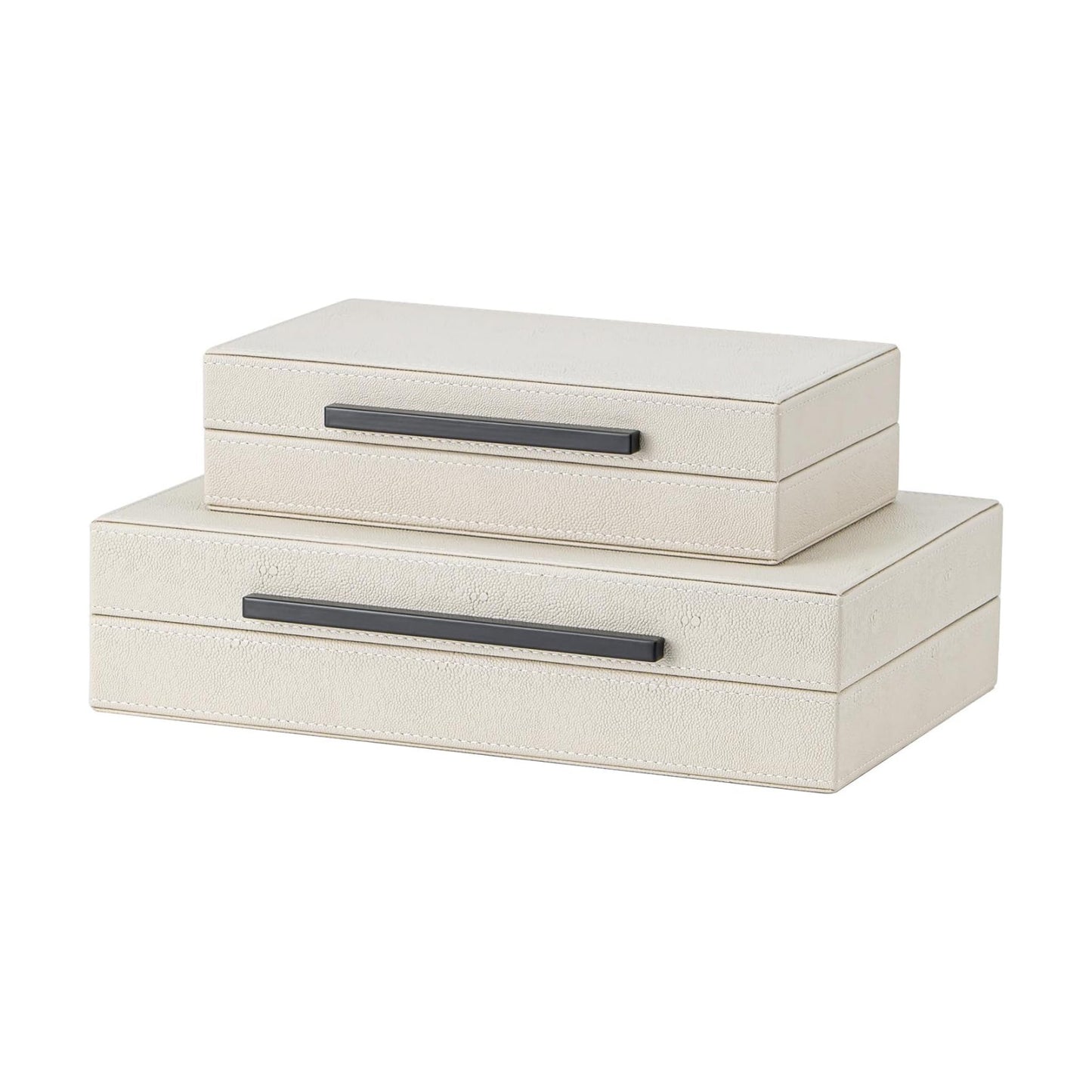 Faux Leather Jewelry & Memory Boxes / Beige+black Handles / 14.2 In / Set of 2