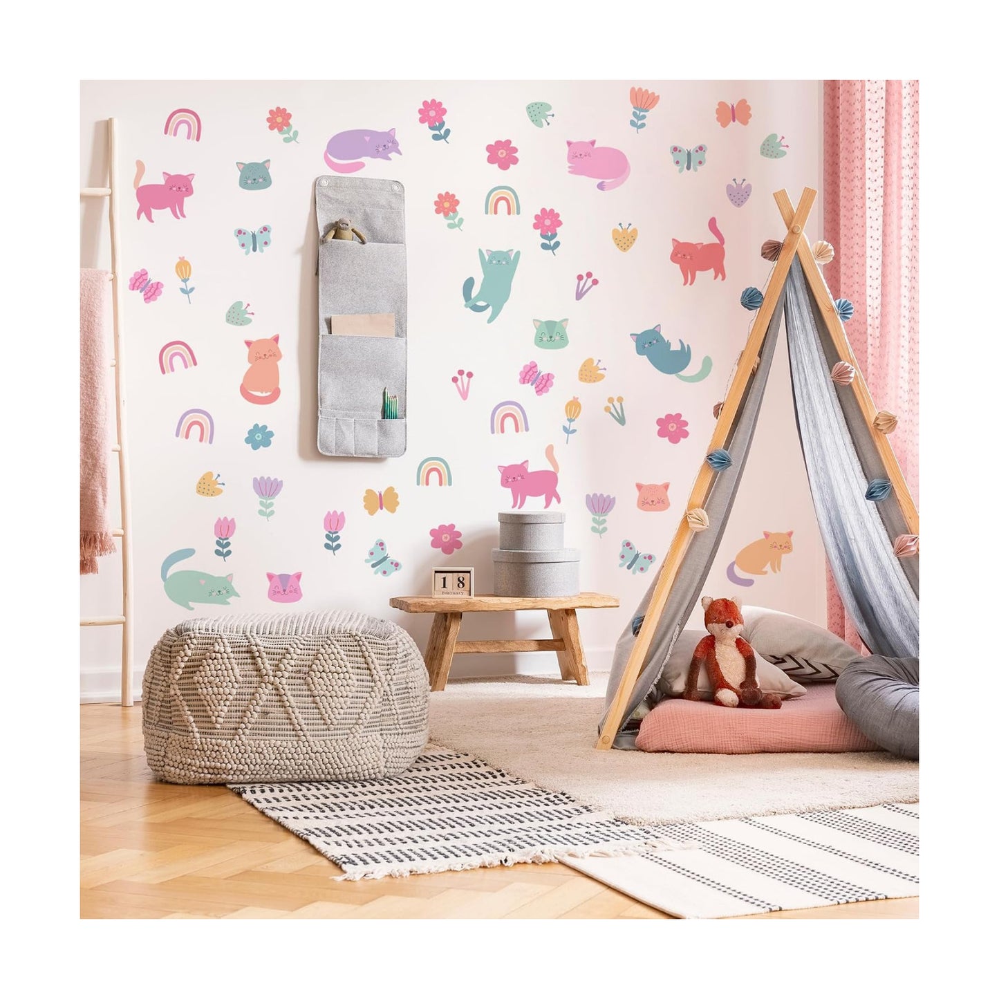 Cat Wall Decals / Colorful Pet Cat Butterfly Rainbow Decal