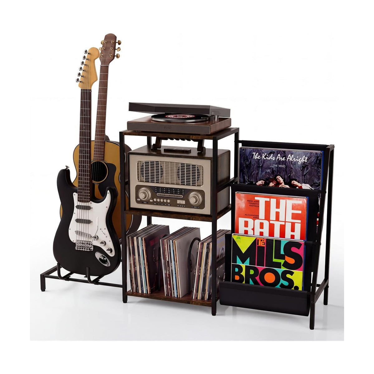 Record Player Stand with Guitar Rack for Acoustic, Electric & Bass Guitars | 3 Tier Vinyl Record Storage Up to 200