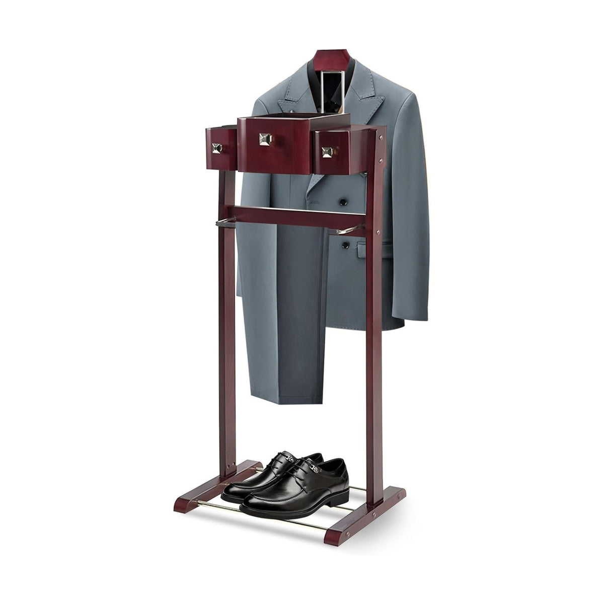 Wood Men Suit Valet Stand, with Belt Hooks Shoe Rack Multi-functional Coat Rack with Drawer Base Standing Clothes