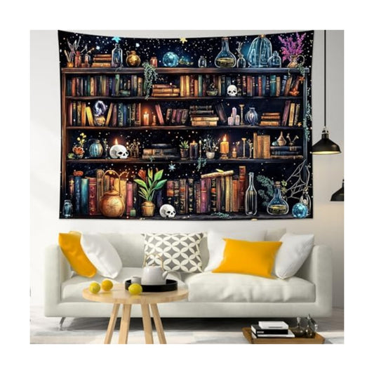 HVEST Magic Bookshelf Tapestry Wall Hanging Vintage Bookshelf Witchy Books Plant Skull Gothic Halloween Tapestry Aesthetic Starry Sky Tapestries for Bedroom Living Room Dorm, 51L x 59W Inches