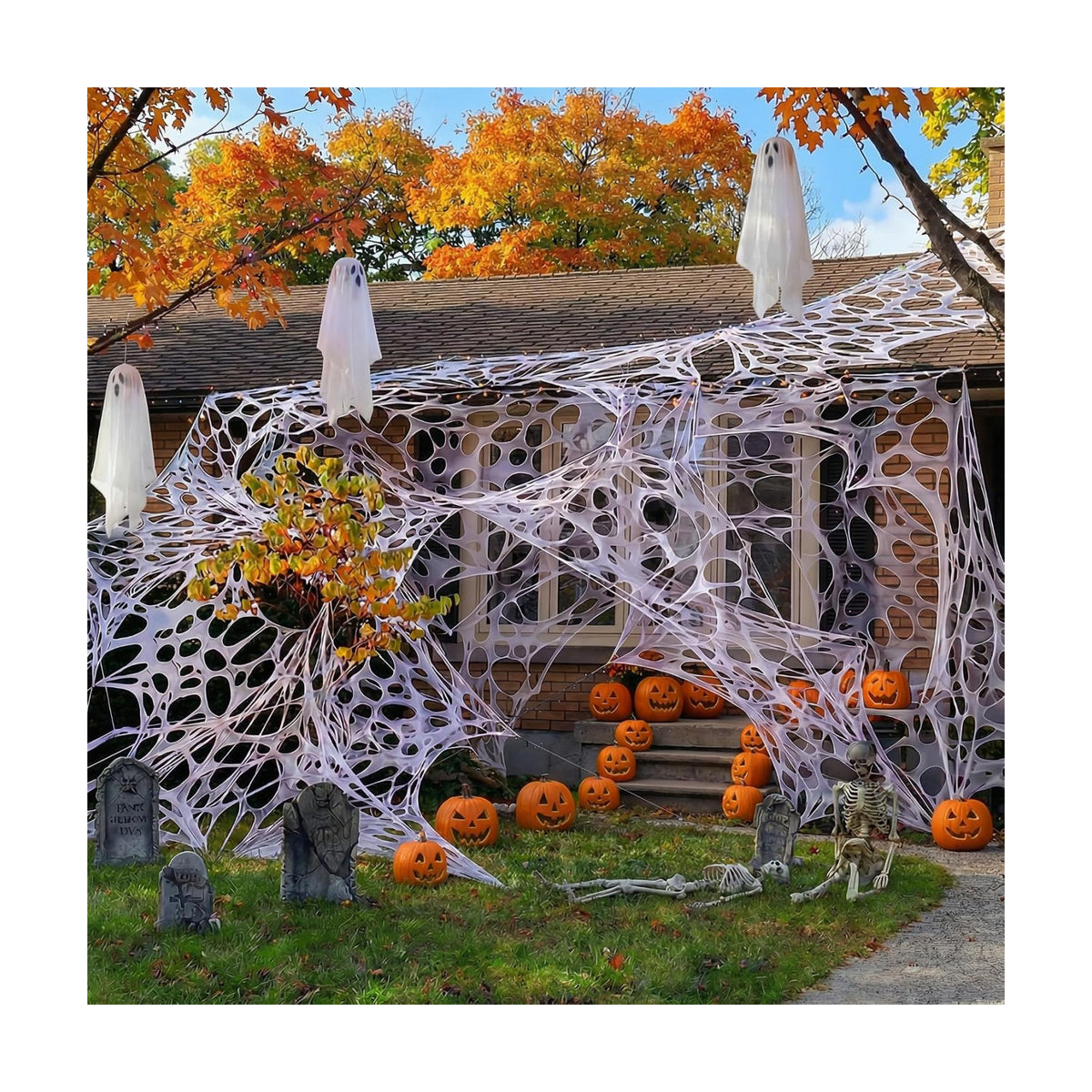 450 Sqft （After Streched with Holes）Uncut DIY Giant Spider Web Halloween Decorations Outdoor with 10 Ground Nails Stretchy Beef Cloth Netting Roll Cut-Your-Own Flexible Elastic for Yard Party Decor