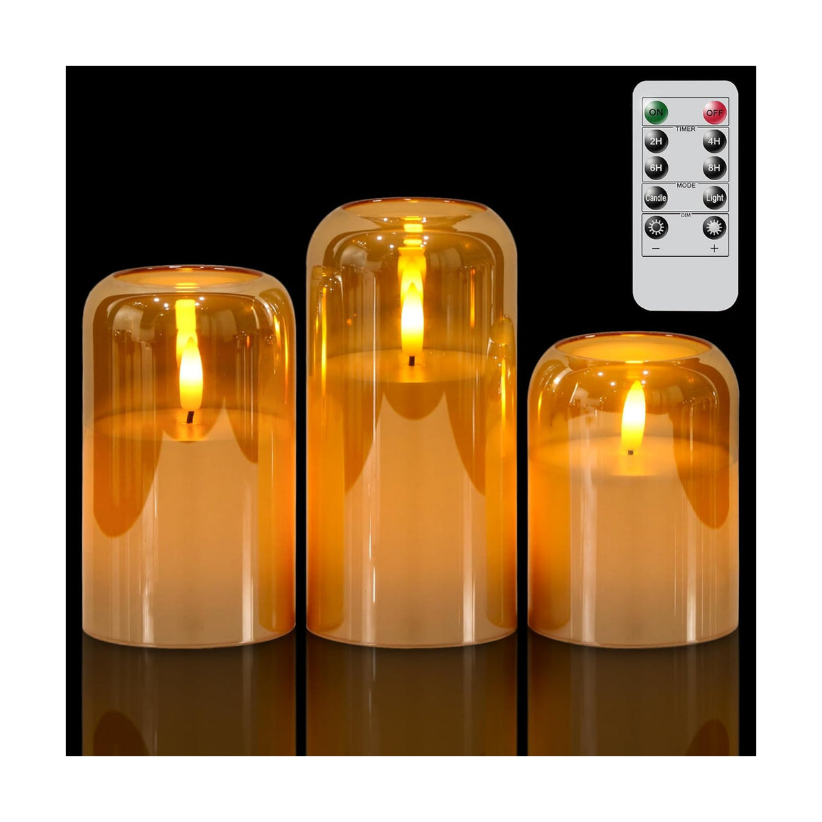 GenSwin Gold Glass LED Flameless Candles with Remote Timer | Battery Operated Candles with Flickering, Real Wax Pillar