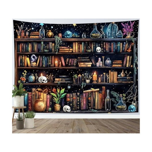 HVEST Magic Bookshelf Tapestry Wall Hanging Vintage Bookshelf Witchy Books Plant Skull Gothic Halloween Wall Decor Starry Sky Tapestry for Bedroom Living Room Dorm, 60L x 80W Inches