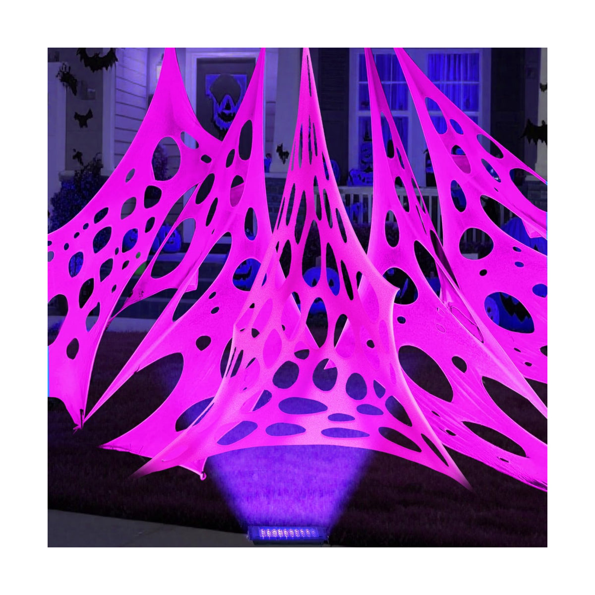 Glow in The Dark Pink 1000 Sqft Uncut Giant Spider Web Halloween Decorations Outdoor with 1 Black Light &10 Ground Nails Stretchy Beef Cloth Netting Cut-Your-Own for Yard Party