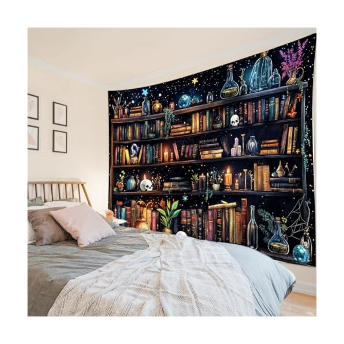 HVEST Magic Bookshelf Wall Tapestry Vintage Bookshelf Witchy Books Plant Skull Gothic Halloween Tapestry Wall Hanging Starry Sky Tapestries for Bedroom Living Room Dorm, 70.9L x 92.5W Inches