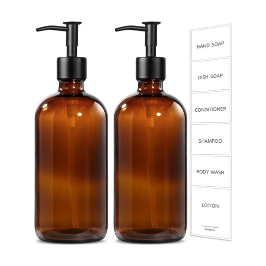 GMISUN Amber Glass Soap Dispenser, 2 Pack Bathroom Hand Soap Dispensers with Stainless Steel Pump, 17 Fl Oz Kitchen