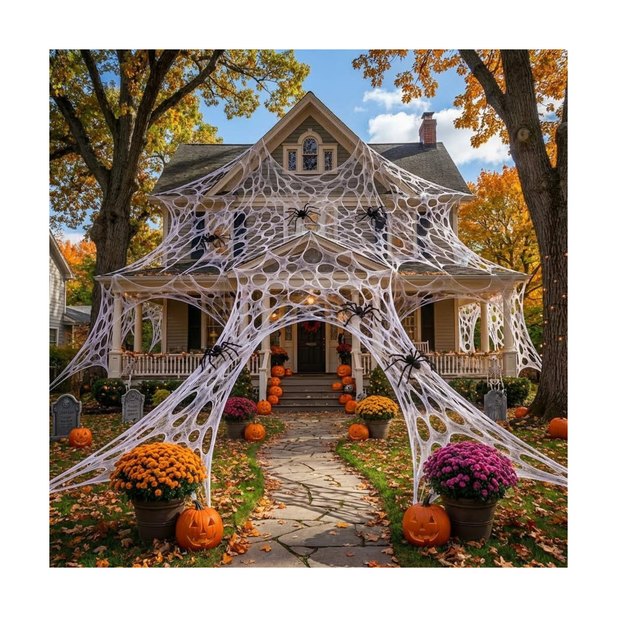 1600 Sqft （After Streched with Holes） Uncut Giant Spider Web Halloween Decorations Outdoor with 10 Ground Nails Stretchy Beef Cloth Netting Cut-Your-Own Flexible Elastic for Yard Party Decor