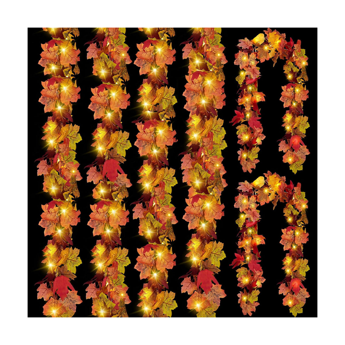 CQURE 6 Pack Fall Leaf Garland with Lights,Fall Decor Halloween Lights Artificial Maple Leaves Autumn Garland Hanging Vines Thanksgiving Decor for Home Christmas Autumn