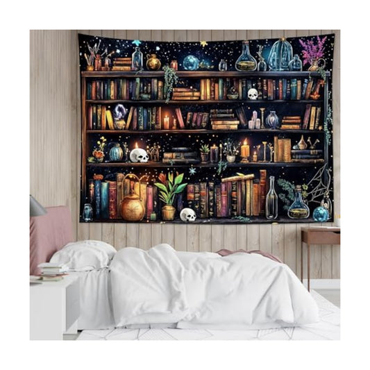 HVEST Magic Bookshelf Tapestry Vintage Bookshelf Witchy Books Plant Skull Gothic Halloween Tapestry Wall Hanging Starry Sky Wall Decor for Bedroom Living Room Dorm, 40L x 60W Inches