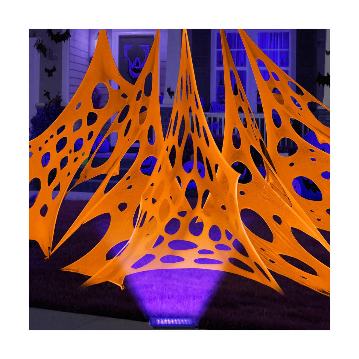 Glow in the dark Purple 1000 Sqft Uncut Giant Spider Web Halloween Decorations Outdoor with 1 Black Light &10 Ground Nails Stretchy Beef Cloth Netting DIY Flexible Elastic for Yard Party Decor