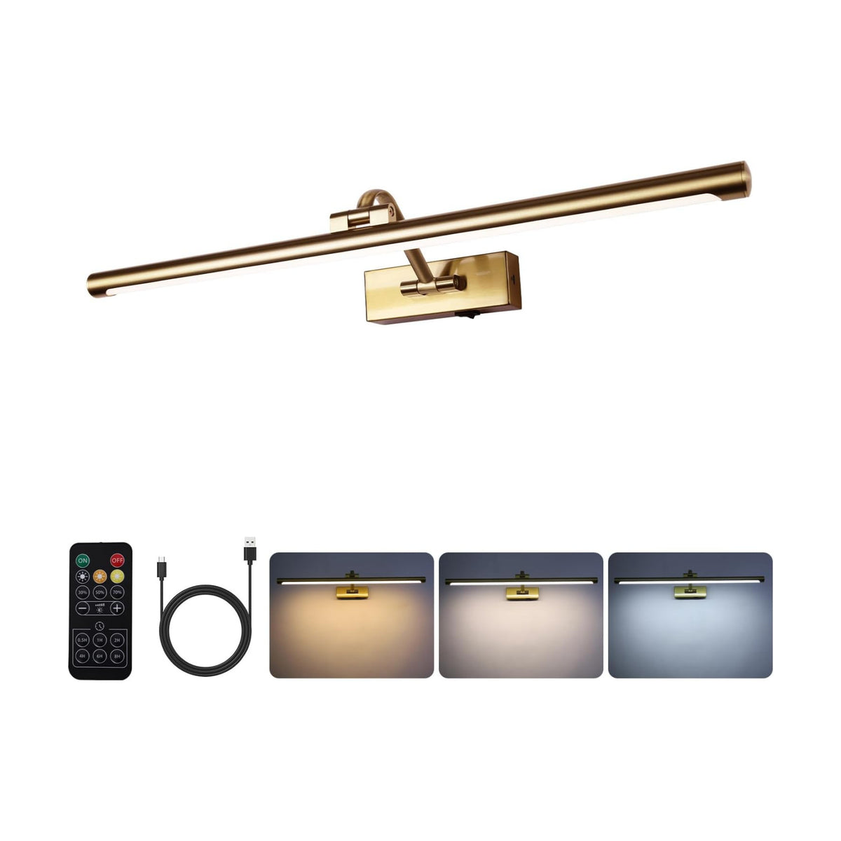 5W LED Wireless Picture Lights with Remote and Timer 23.6 Inch Rechargeable Brass Gallery Lighting Battery Operated Art