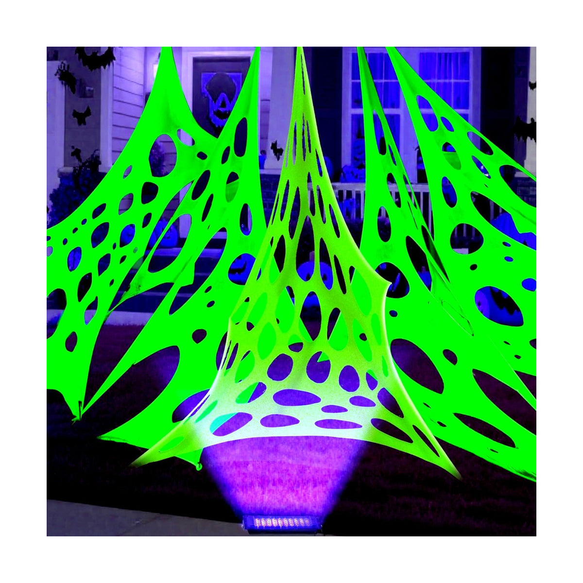 Glow in The Dark Green 1000 Sqft Uncut Giant Spider Web Halloween Decorations Outdoor with 1 Black Light &10 Ground Nails Stretchy Beef Cloth Netting DIY for Yard Party