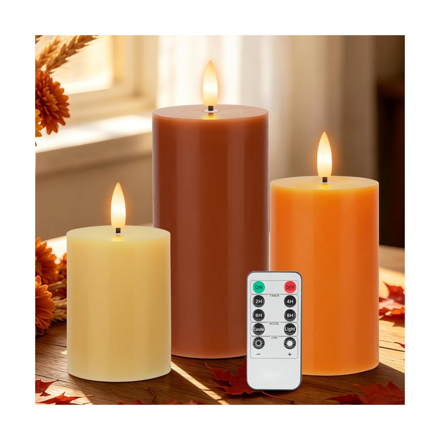 Flameless Candles with Remote, Fall Battery Operated Wax Candles | Flickering Autumn Harvest Pillar Candles, Decorative