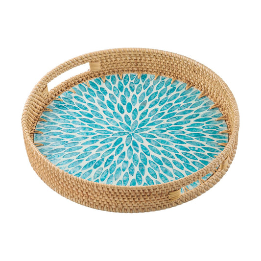 in Round Rattan Serving Tray / Blue / 13.8 Inch