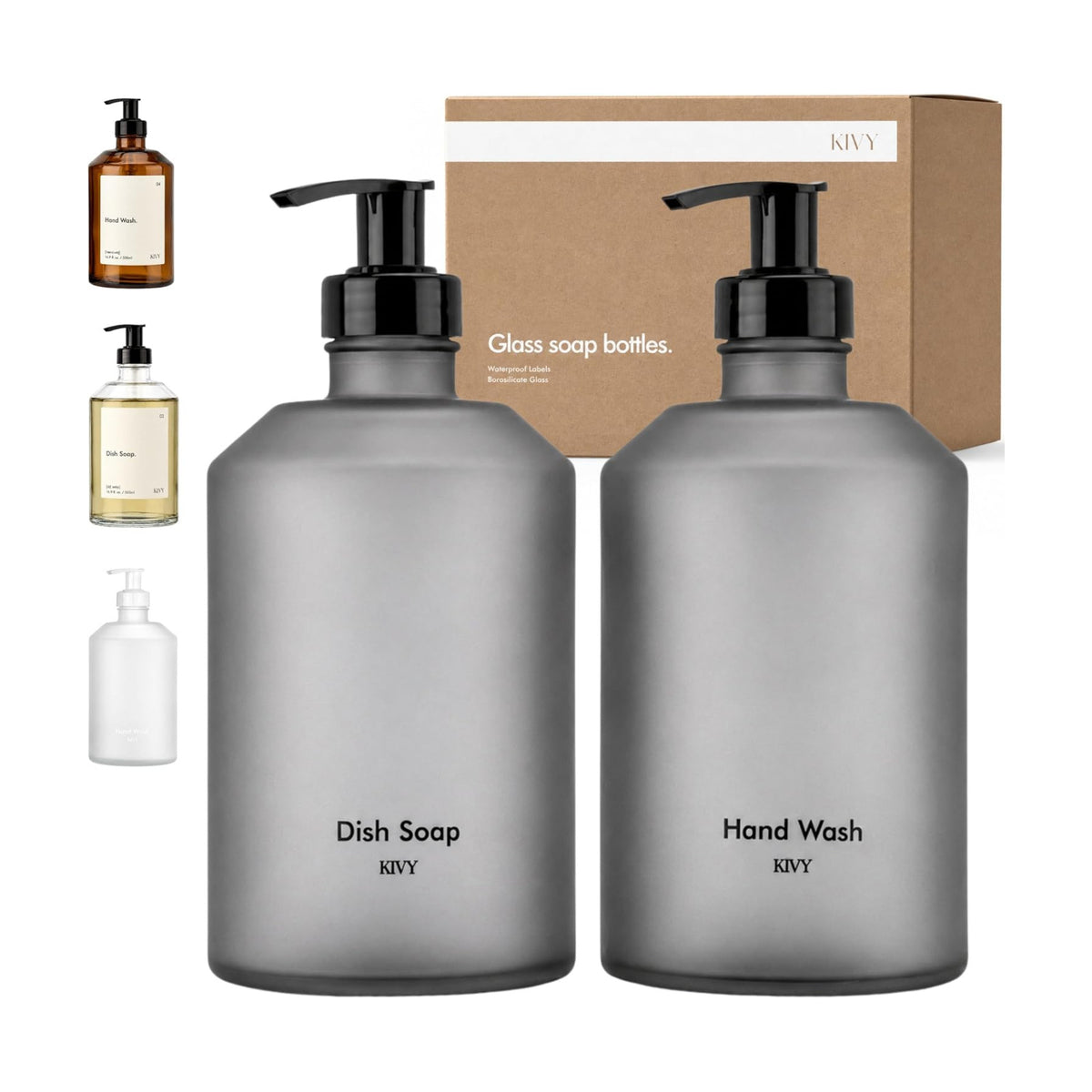 KIVY Glass Soap Dispenser Set [INCL. Waterproof Labels] - Glass Soap Dispenser with Pump - Hand Soap and Dish Soap Set