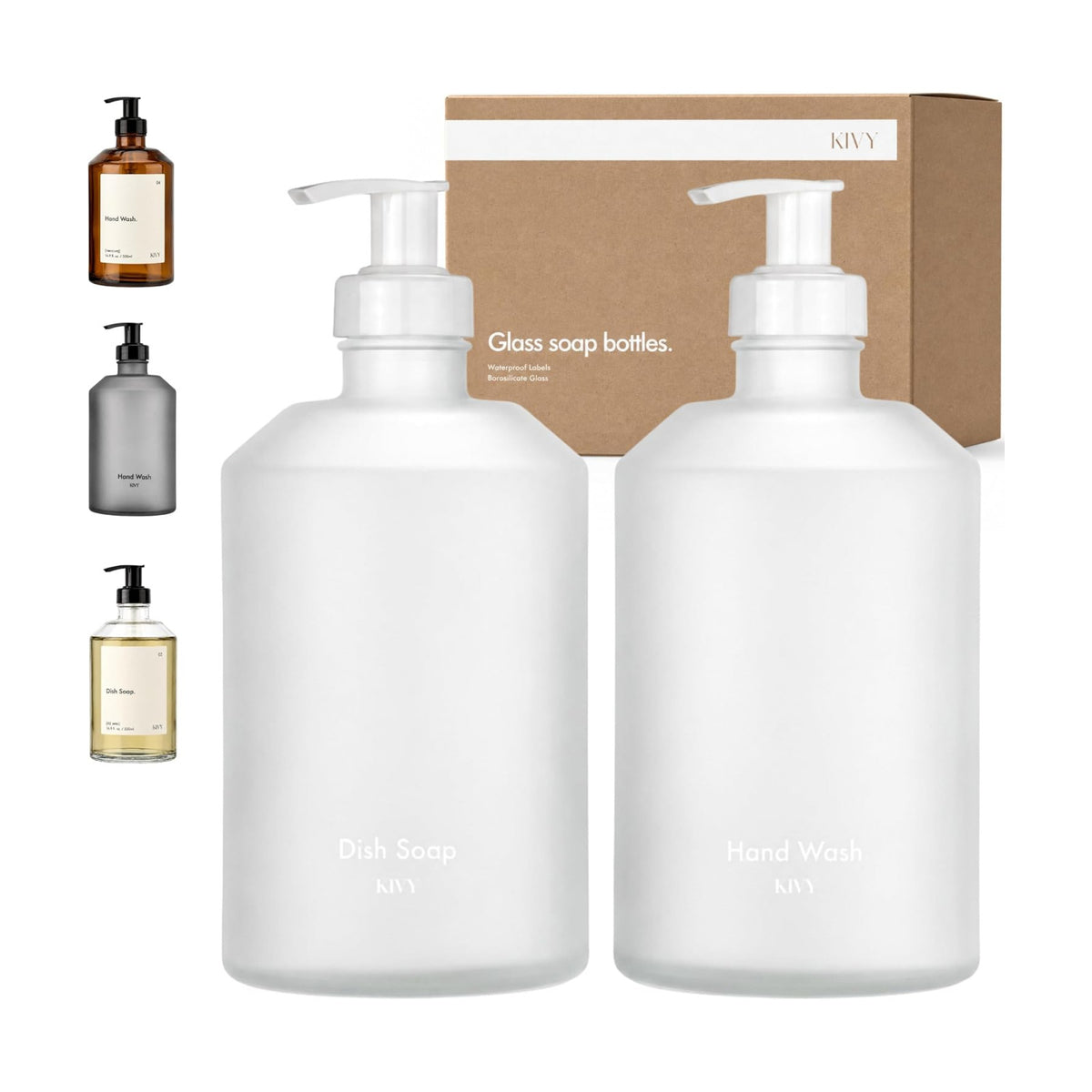 KIVY Glass Soap Dispenser Set [INCL. Waterproof Labels] - Glass Soap Dispenser with Pump - Hand Soap and Dish Soap Set