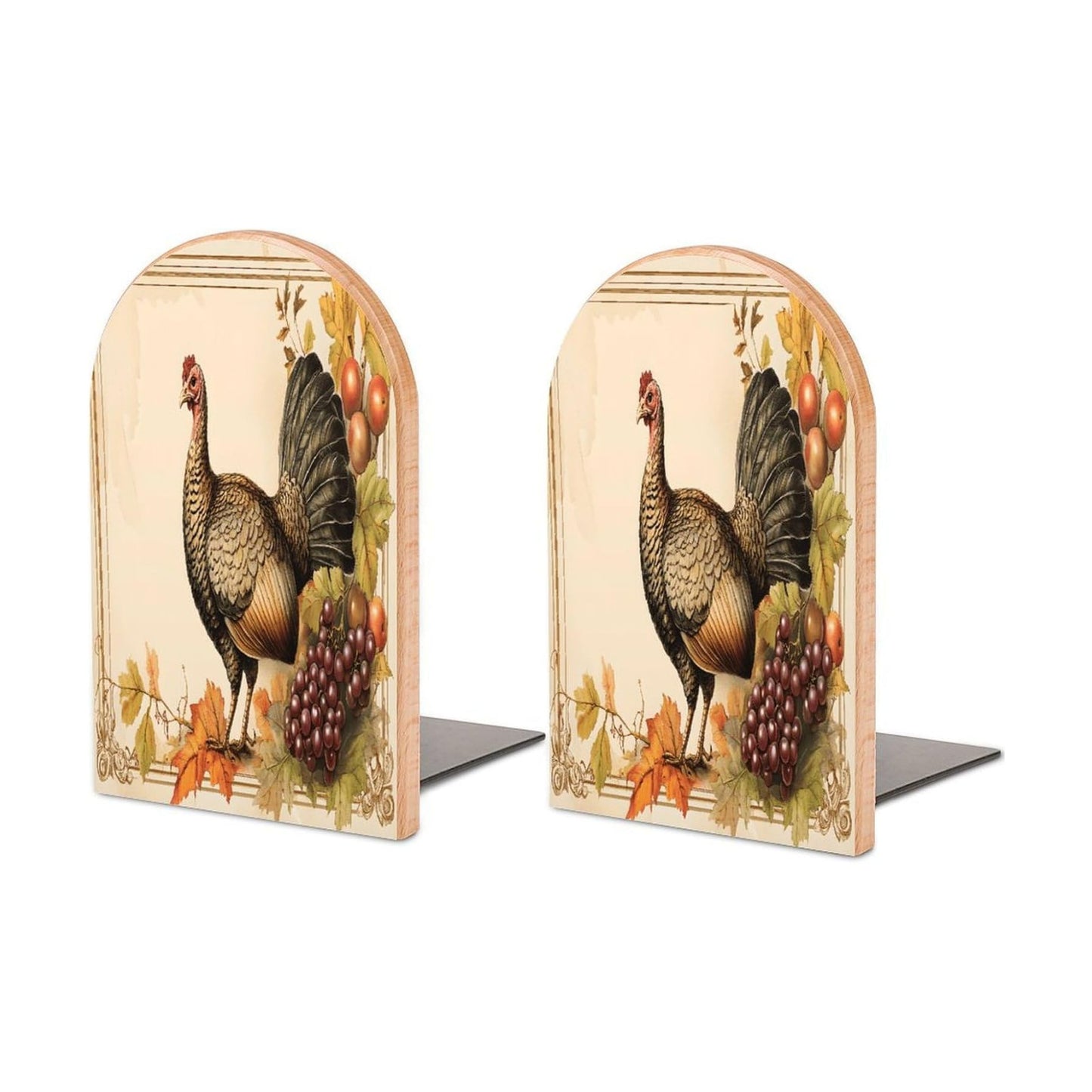 Wood Bookends / Vintage Turkey Grapes Leaves Non-Skid Heavy Duty Bookends / Set of 2