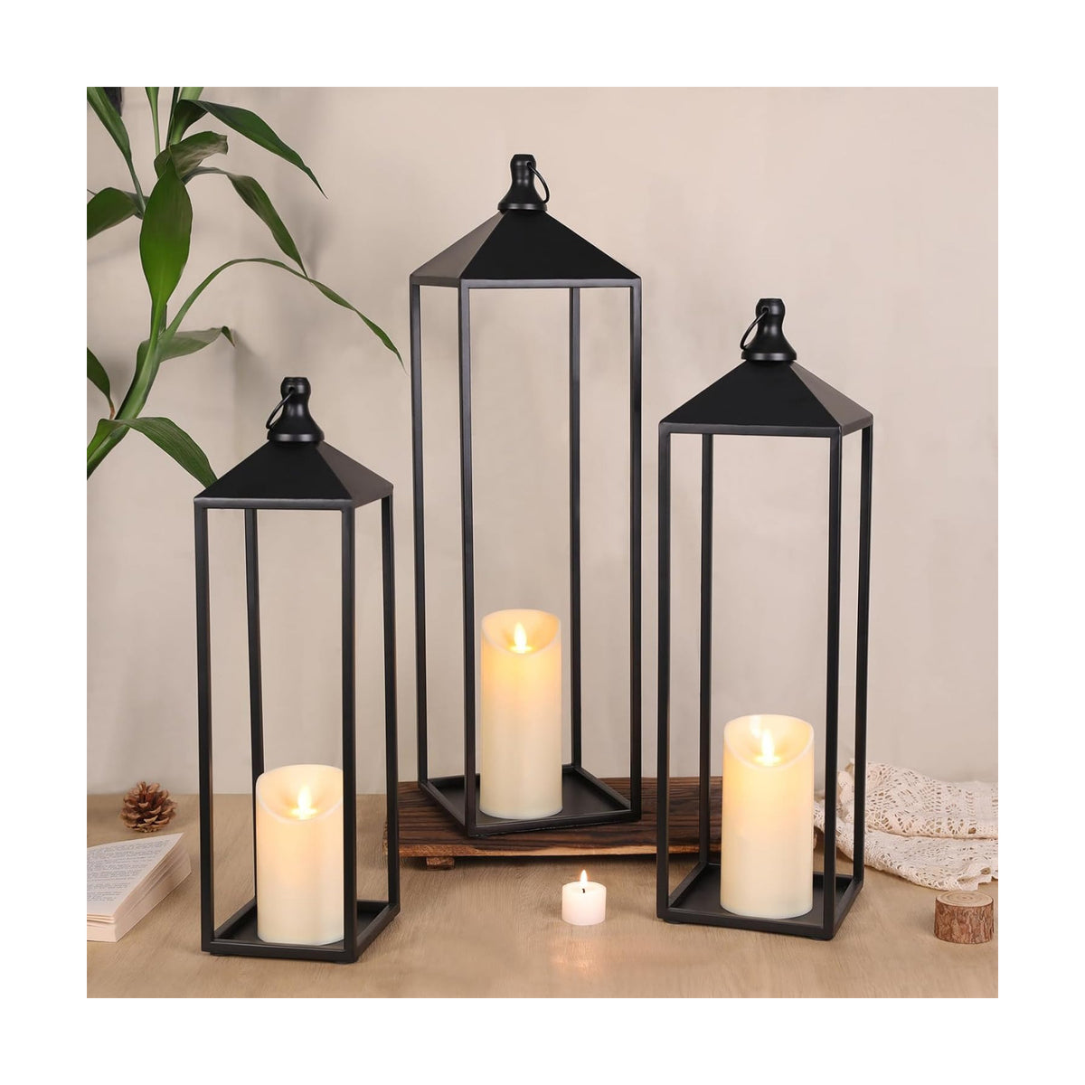 22'' 19'' 17'' Lanterns Decorative Outdoor Indoor, Set of 3 Floor Lanterns | Outdoor Lanterns with Candles, Glass-free