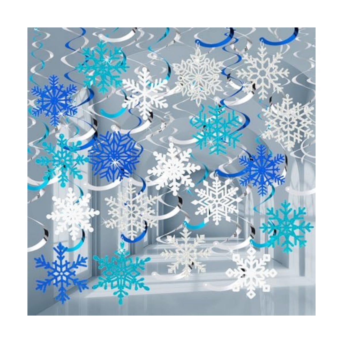 Snowflake Decorations, Christmas Hanging Decor, 48 Glitter Snowflake Swirls