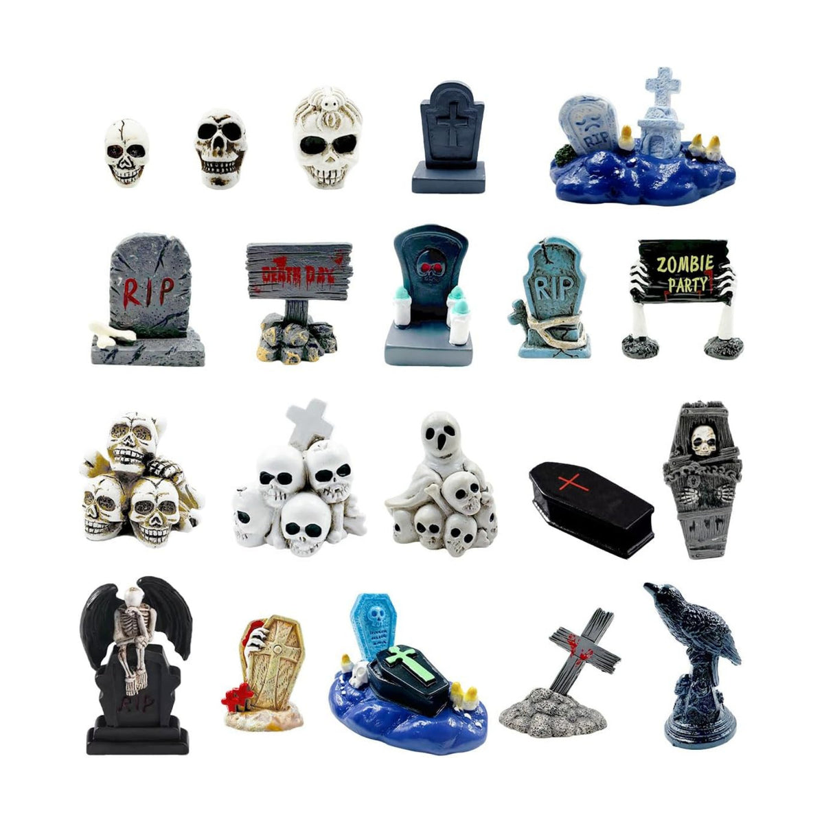 20 Halloween Miniature Figurines,Mini Resin Tombstones Skull Heads Figures