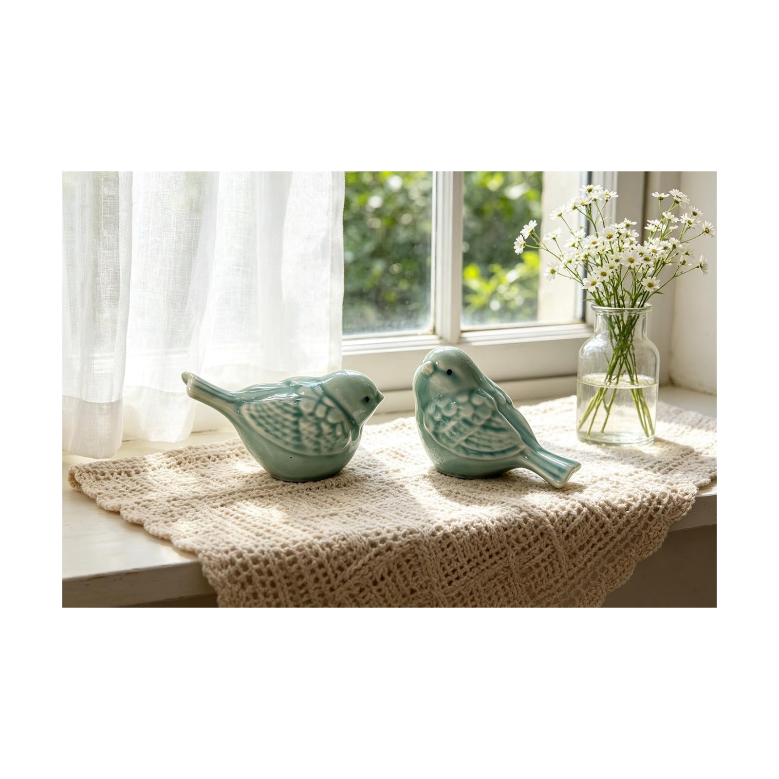 Ceramic Bird Figurines / Light Green / Set of 2