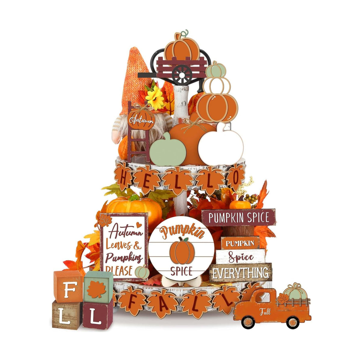 Maitys 21pcs Fall Tiered Tray Decor Set, Hello Fall Thanksgiving Pumpkin Wooden Signs Gnome Truck Wood Maple Leaf Garland Rustic Farmhouse Table Centerpieces for Autumn Thanksgiving Kitchen Home Decor